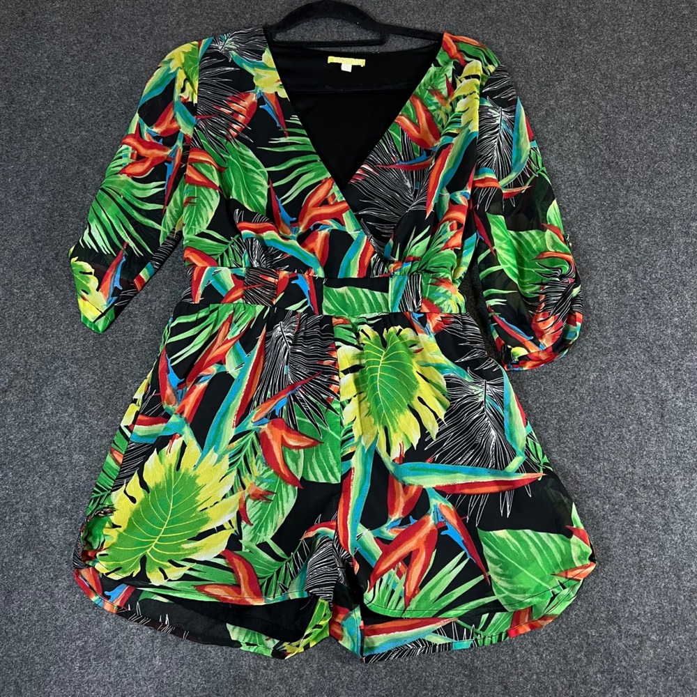 Gianni Bini Tropical Floral V-Neck Romper Black Green Red Small Resortwear